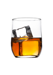 Glass of whiskey with ice cubes isolated on white
