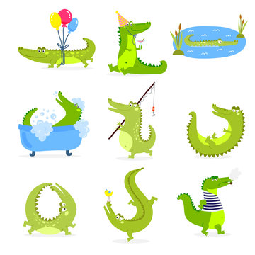 Vector set with cute cartoon crocodiles.