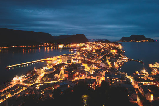 Beautiful super wide-angle summer aerial view of Alesund, Norway