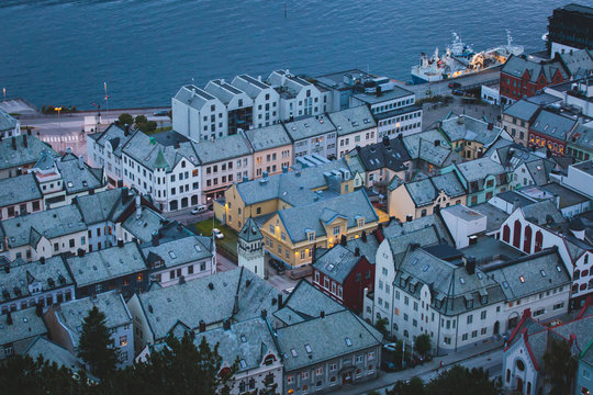 Beautiful super wide-angle summer aerial view of Alesund, Norway