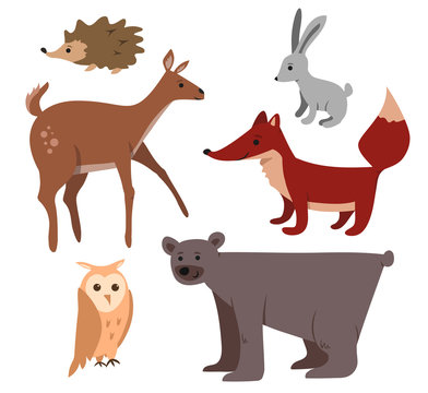 Cute cartoon forest animals set: bear deer fox owl rabbit hedgehog.