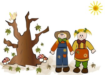 Niños espantapájaros y árbol.