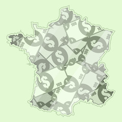 Map France covered in money, bank notes of one hundred dollars. On the map there is glass reflection. Conceptual.