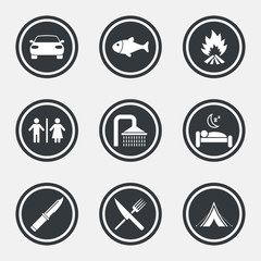Hiking travel icons. Camping, shower and toilet.