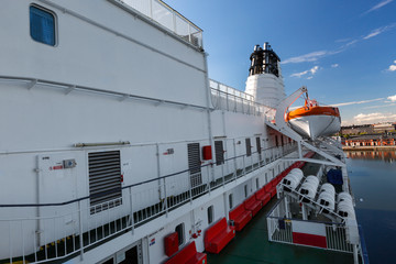 Lifeboats on upper deck of cruise ship