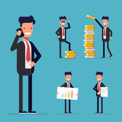 Businessman set. Cartoon character in a business suit. The man in the working environment. Businessman at work. Happy businessman in a flat style. Businessman in different poses.