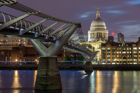Amazing Night view of St. Paul's Cathedral from Thames river, London, England, Great Britain
