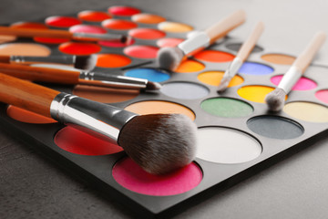 Colorful eye shadow palette with brushes, closeup