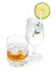 Different drinks on white background