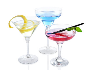 Different drinks on white background