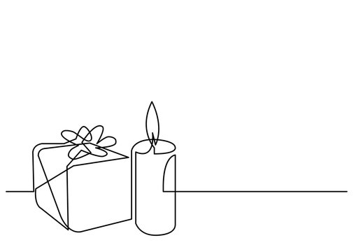 continuous line drawing of Christmas gift and candle
