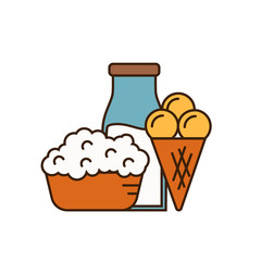 Dairy icon in line style design with ice cream, cottage cheese on plate and glass bottle with milk, isolated vector illustration. Traditional and healthy products. Organic farming. Natural food