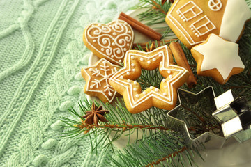 Plate with fir tree branch and delicious Christmas cookies