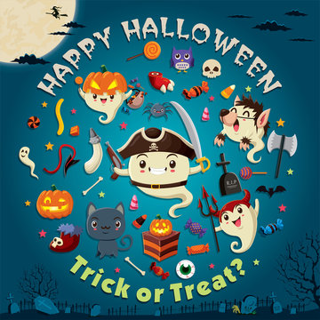 Vintage Halloween poster design with vector ghost pirate character.