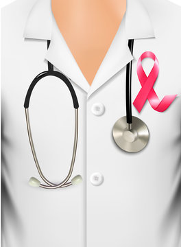 Doctor in a coat with a breast cancer awareness ribbon. Vector.