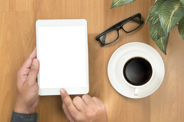 Hipster wooden desktop with laptop, office accessories, flat lay