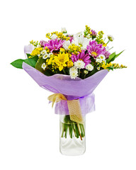 Colorful bouquet from gerberas in vase isolated on white background.