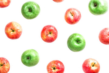 Flat composition of red and green apples isolated on white background