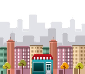 cityscape with social marketing icons vector illustration design