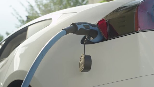 CLOSE UP: Tesla autonomous car charging at home socket on yard on sunny day