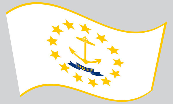 Flag of Rhode Island waving on gray background