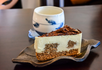 Piece of chocolate cake slice for tea break