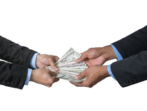 Businessman recieving the money offered by businessman on white