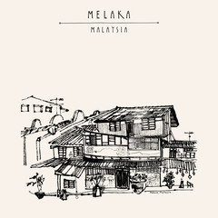 Old historical houses on the river in Melaka, Malaysia. Travel sketch. Vintage touristic hand drawn postcard, poster, book illustration in vector