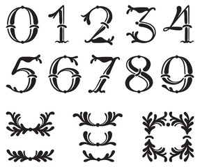 Handwritten vintage Numbers. Vector set of ornate Figures from alphabet and ornate elements at retro style