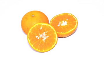 Sliced orange with orange ; Orange Texture, striped with seed isolate on white background with copy space