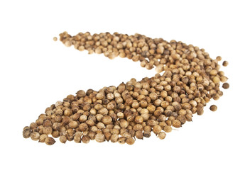 Heap of coriander seeds isolated on white background