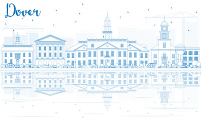 Outline Dover Skyline with Blue Buildings and Reflections.