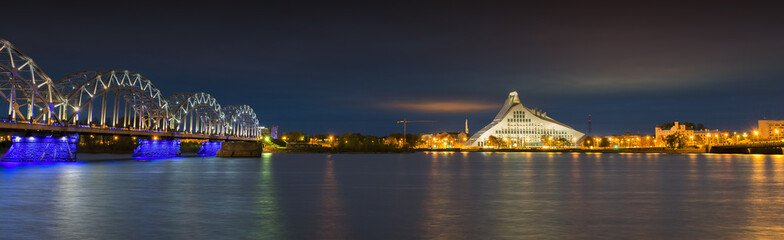 Night panoramic view on the center of Riga, Latvia