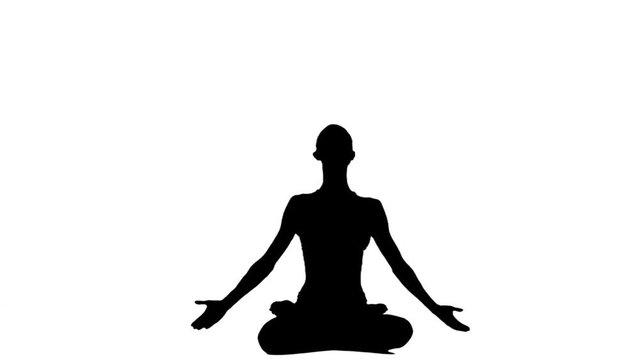 Yogi position silhouette on white. White. Slow motion. Silhouette