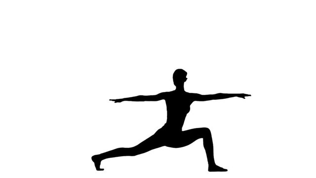 Woman doing yoga pose. White background. Slow motion. Silhouette