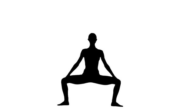 Woman doing yoga meditation. White background. Slow motion. Silhouette