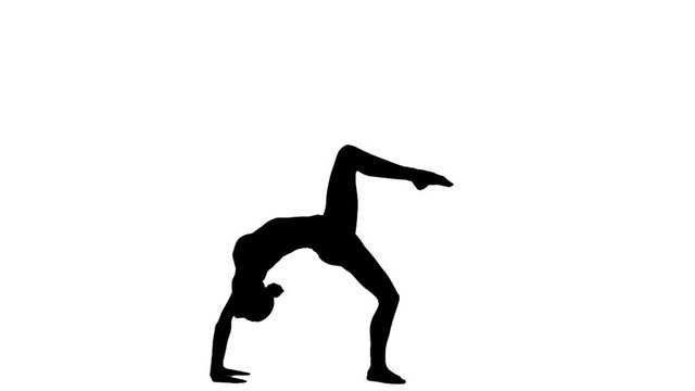 Silhouette girl doing yoga. White. Slow motion. Silhouette