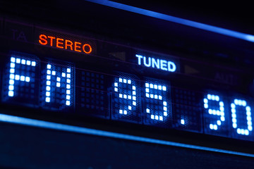 FM tuner radio display. Stereo digital frequency station tuned.