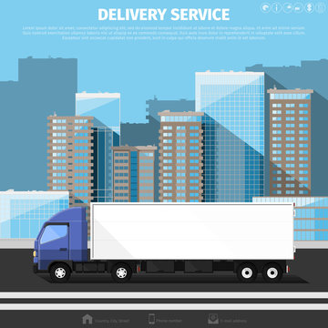 Container truck against background of the cityscape. Transportation service. Flat vector illustration 10 EPS without transparency