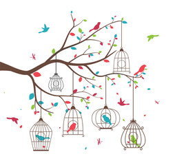 Colorful tree with birds and birdcages