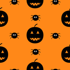 Black silhouette funny smiling pumpkins and spider insect. Cute cartoon baby character. Happy Halloween. Seamless pattern. Orange background. Flat design.