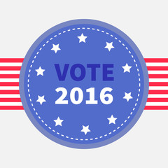 Blue badge with striped ribbon. Award icon. Star and strip President election day 2016. Voting concept. American flag. Isolated White background Card Flat design
