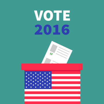 American flag Ballot Voting box with paper blank bulletin concept. Polling station. President election day Vote 2016. Green background Flat design Card