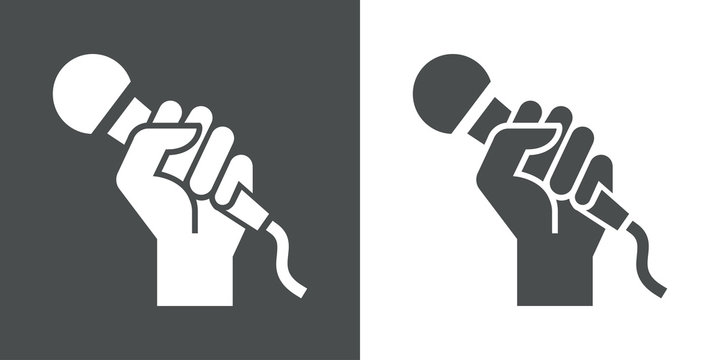 Icono plano mano con microfono gris