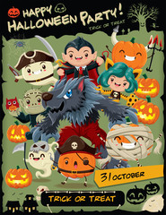 Vintage Halloween poster design set with vector vampire, witch, mummy, wolf man, ghost, reaper, zombie, pirate character.