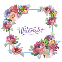 Wildflower rose flower frame in a watercolor style isolated. Full name of the plant: rose, hulthemia, rosa. Aquarelle wild flower for background, texture, wrapper pattern, frame or border.