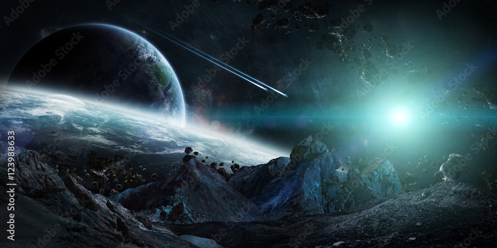 Poster Gigantic asteroids about to crash 3D rendering elements of this