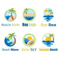 Fototapeta na wymiar Summer Holidays Sunrise with Palms and Waves Logo Template