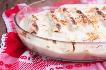 Italian Food. Hot tasty Lasagna plate served with fresh basil le