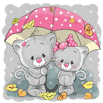 Two cute cartoon kittens with umbrella